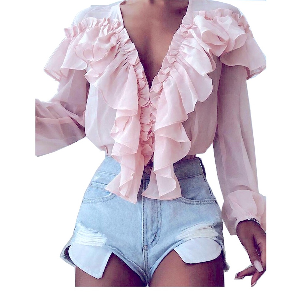 Pink chiffon V-neck ruffle blouse